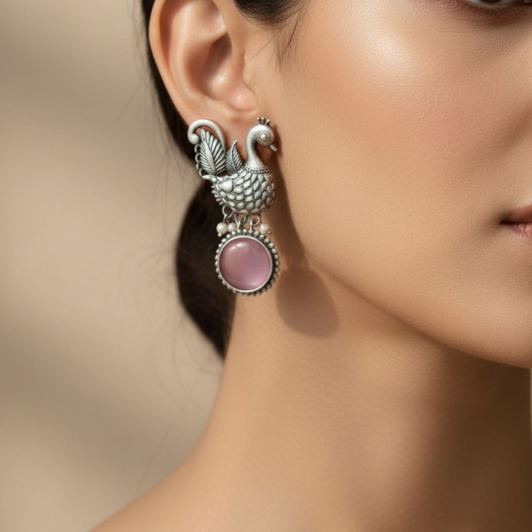 Oxidised Silver Peacock Earrings with Pink Stone Drop