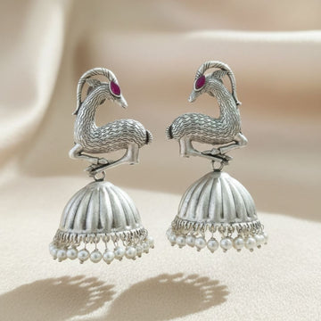 Oxidised Silver Deer Jhumka Earrings with Pearl Drops