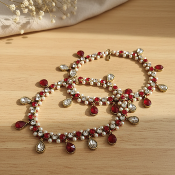 Red Stone & Kundan Pearl Anklet Pair
