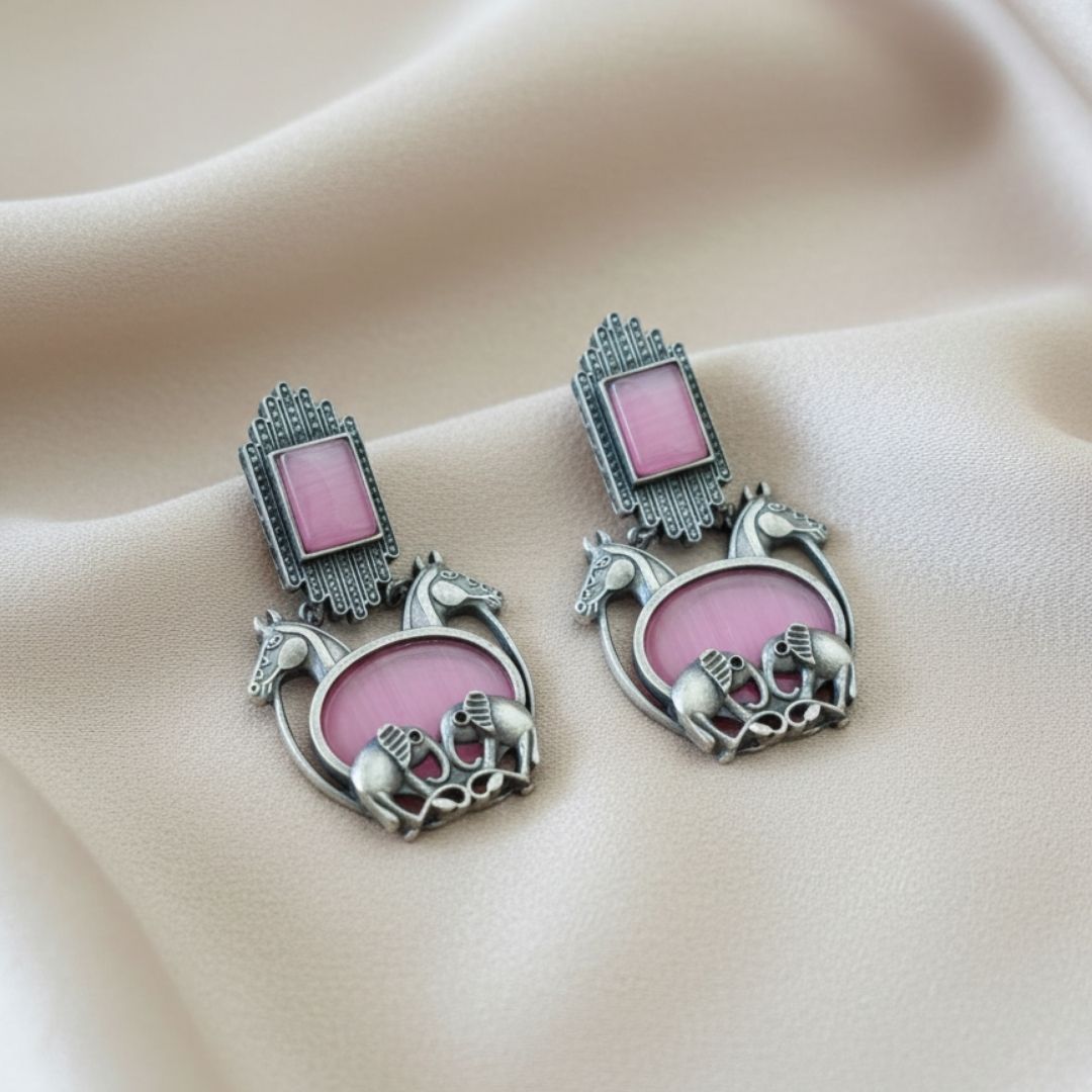 Oxidised Silver Horse Motif Earrings with Pink Stones