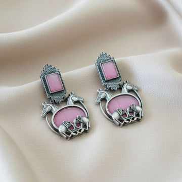 Oxidised Silver Horse Motif Earrings with Pink Stones