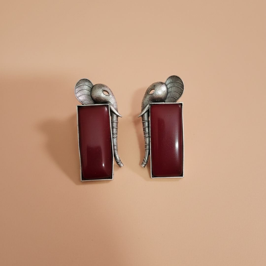 Oxidised Silver Elephant Earrings with Maroon Stone