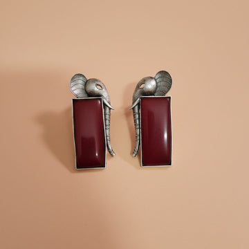 Oxidised Silver Elephant Earrings with Maroon Stone