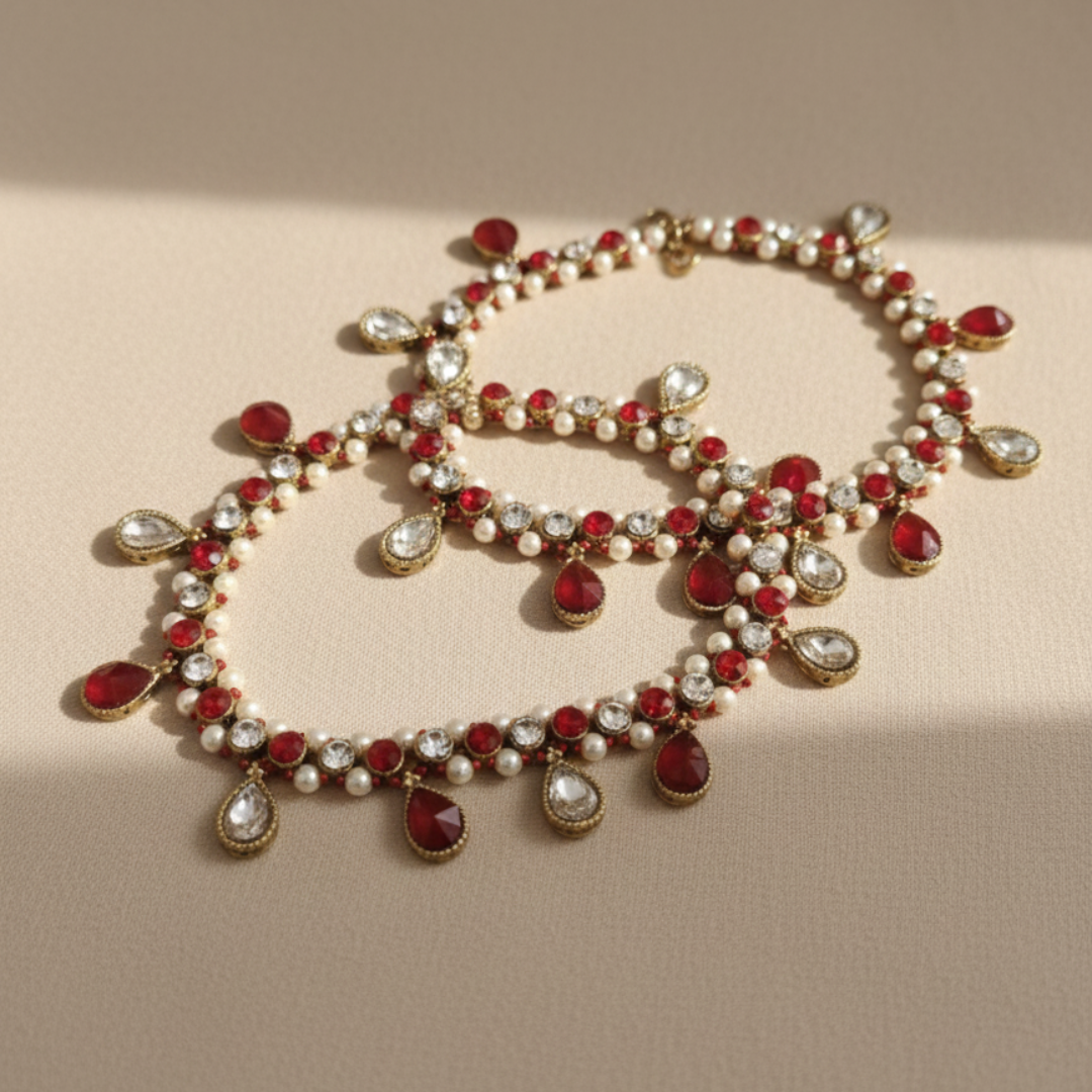 Red Stone & Kundan Pearl Anklet Pair