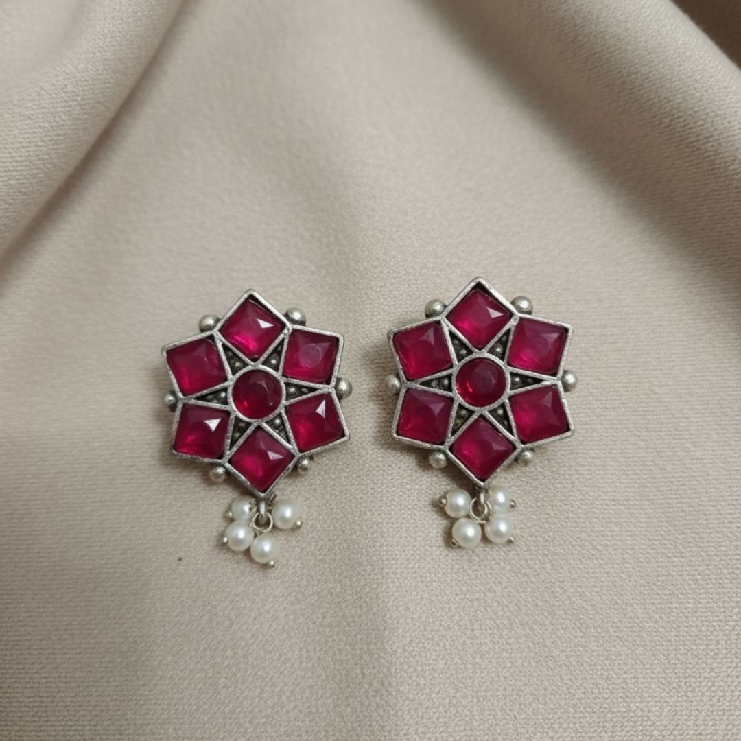 Brass Pink Floral Stud Earrings