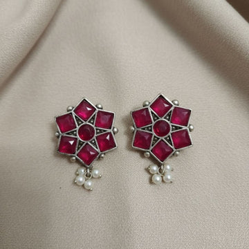 Brass Pink Floral Stud Earrings