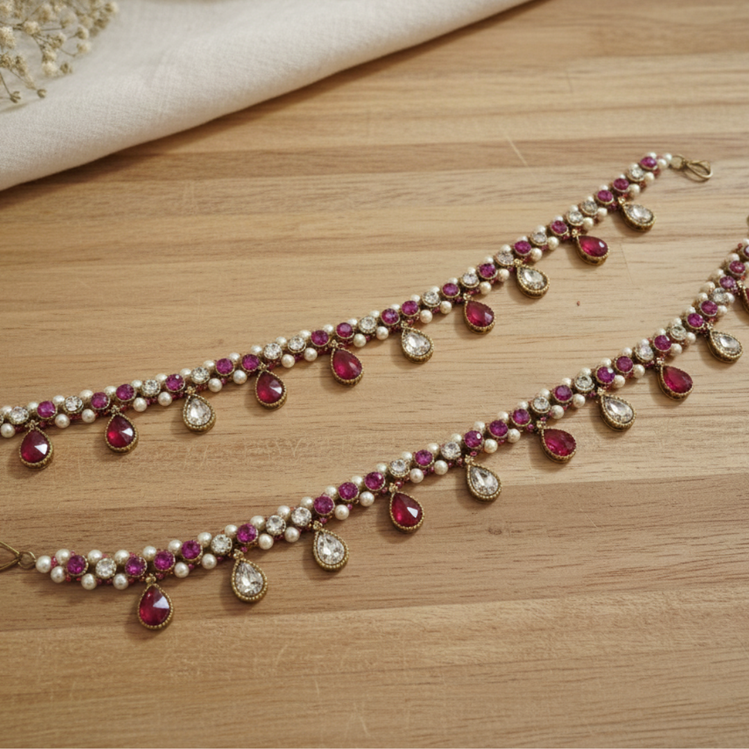 Pink Stone & Kundan Pearl Anklet Pair
