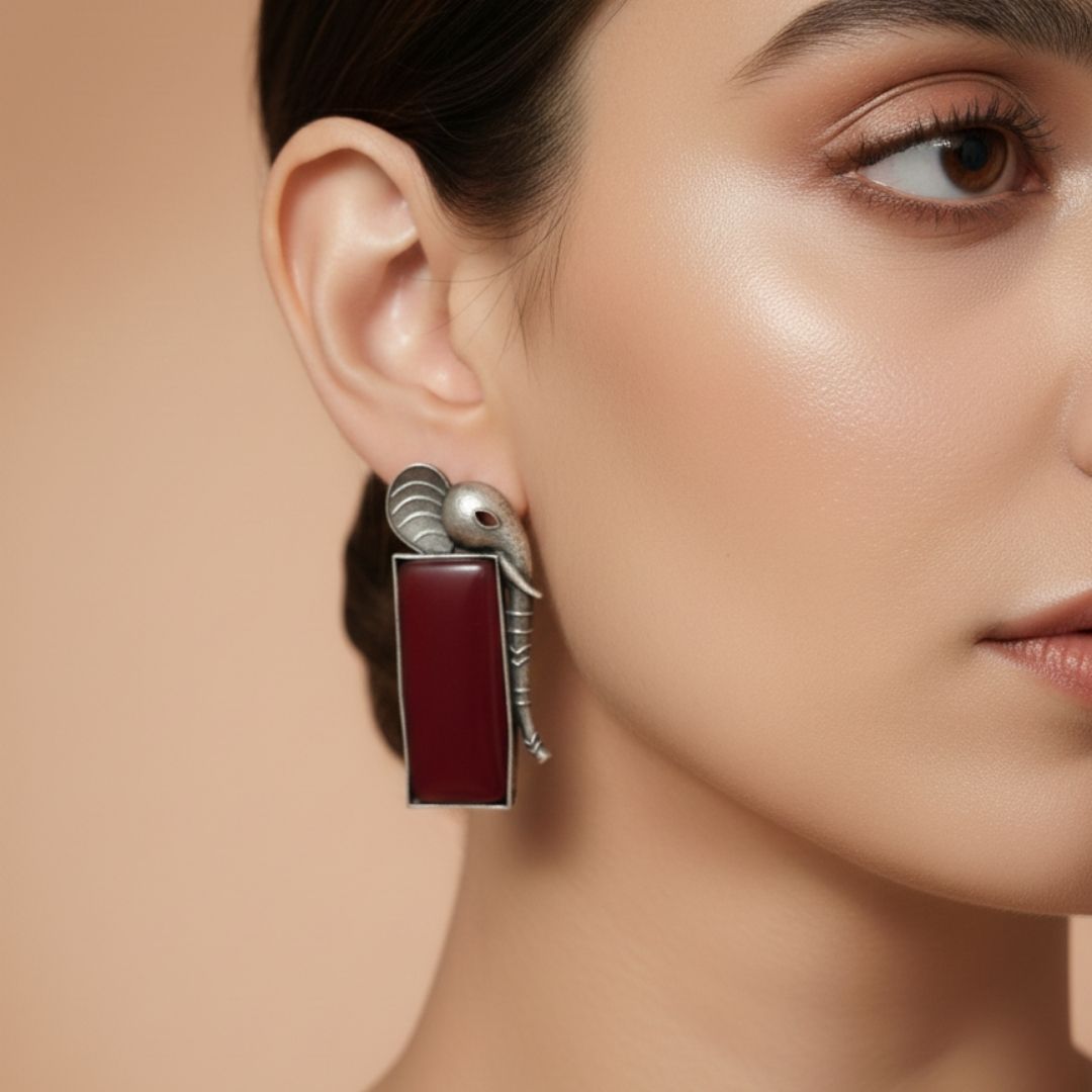 Oxidised Silver Elephant Earrings with Maroon Stone