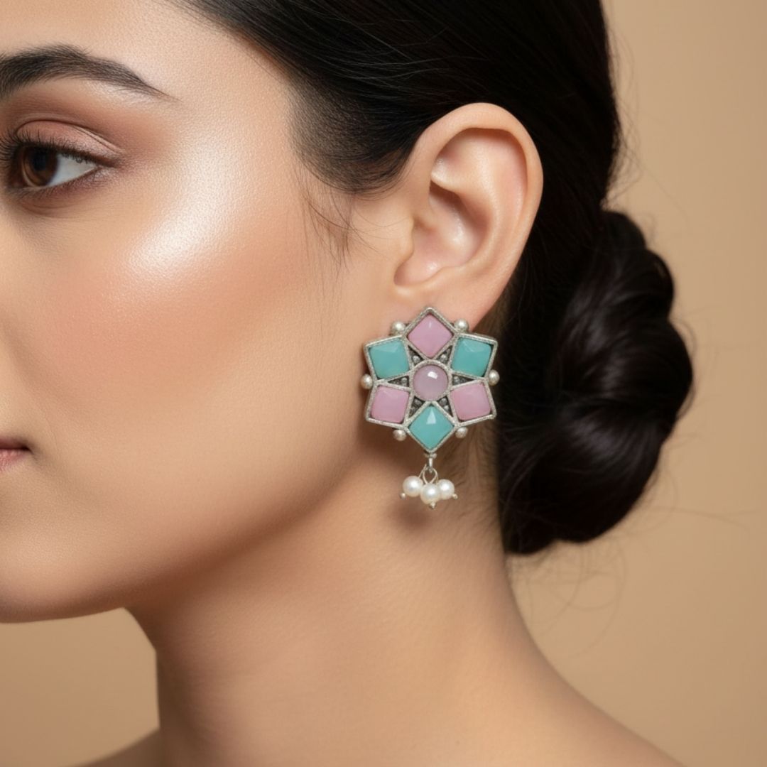 Pastel Pink & Mint Green Floral Stud Earrings