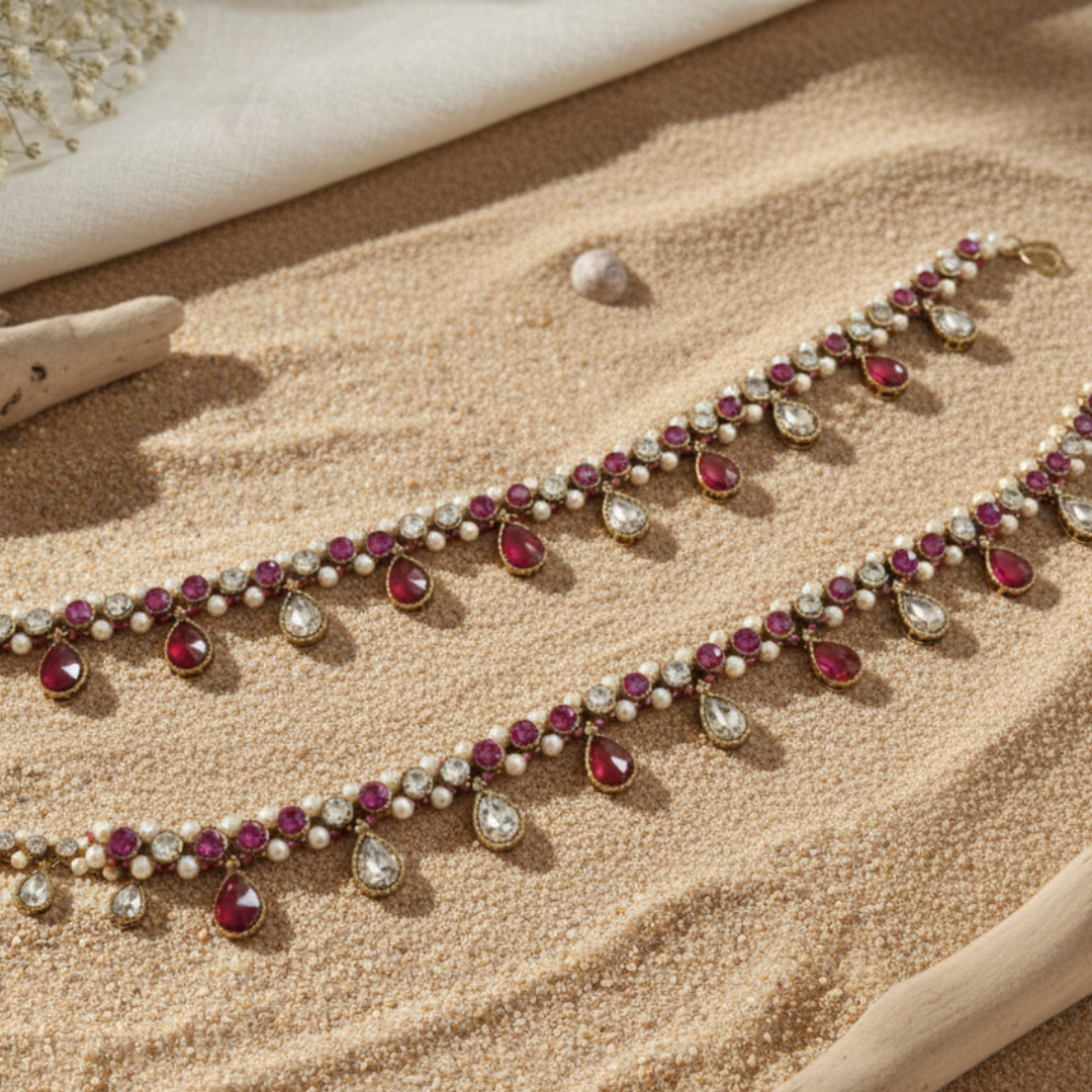 Pink Stone & Kundan Pearl Anklet Pair