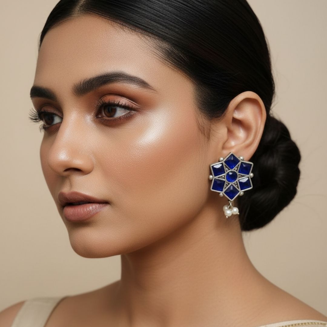 Brass Blue Floral Stud Earrings