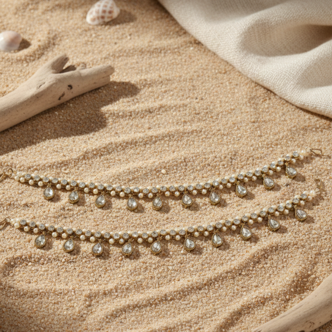 Gold Kundan Pearl Drop Anklet Pair