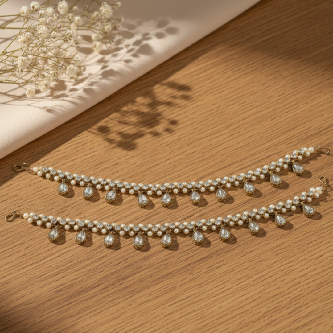 Gold Kundan Pearl Drop Anklet Pair