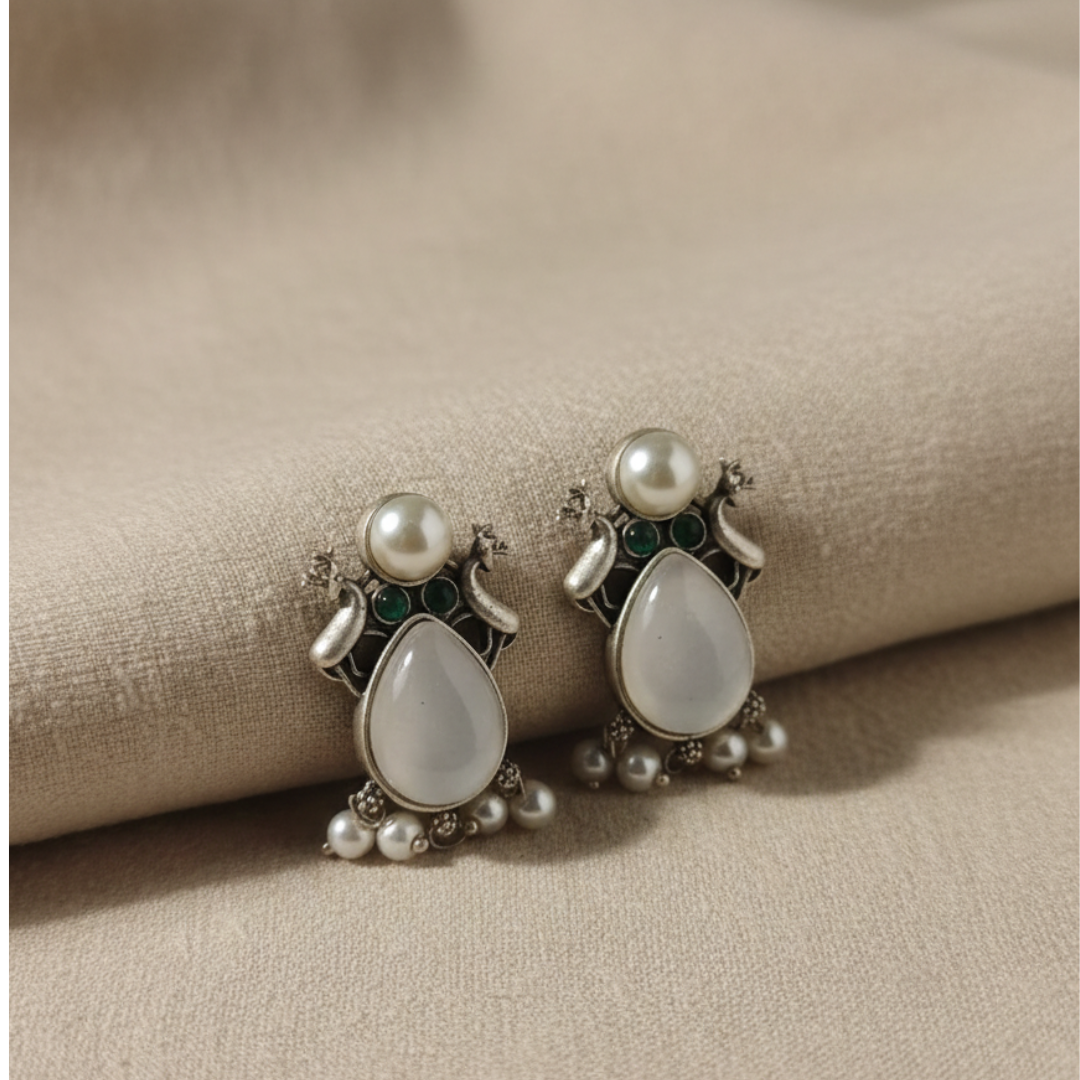 Vintage Brass Silver Pearl Earrings