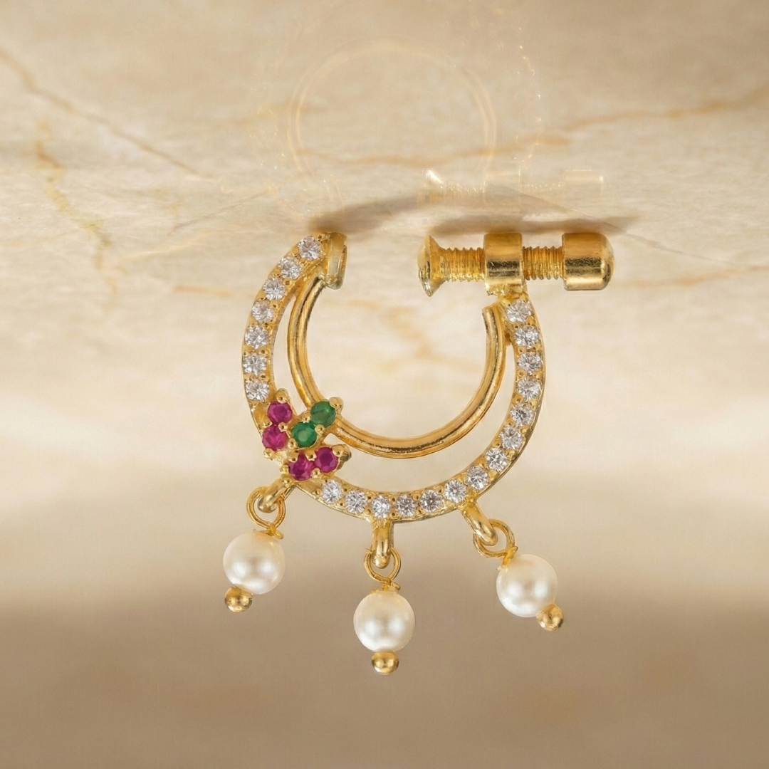 Gold Crystal Curve Nose Pin with Floral Stone