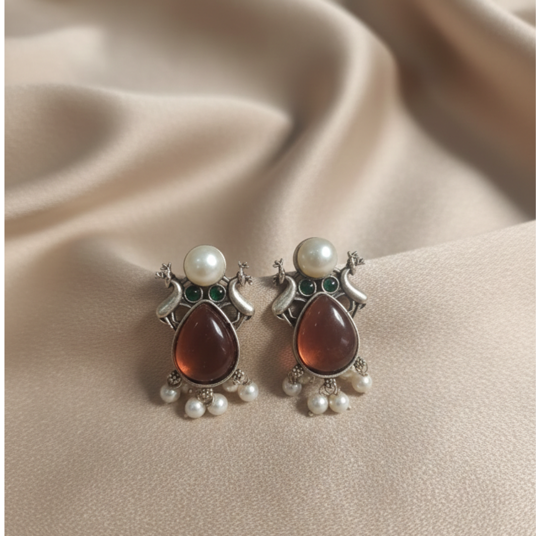 Vintage Brass Silver Pearl Earrings