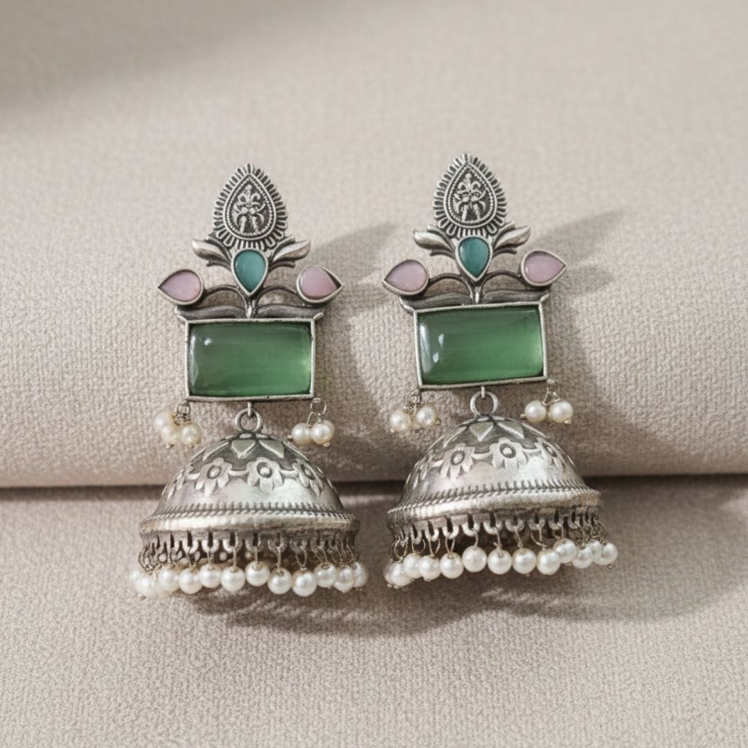 Oxidised Silver Jhumka Earrings with Green Stone & Pastel