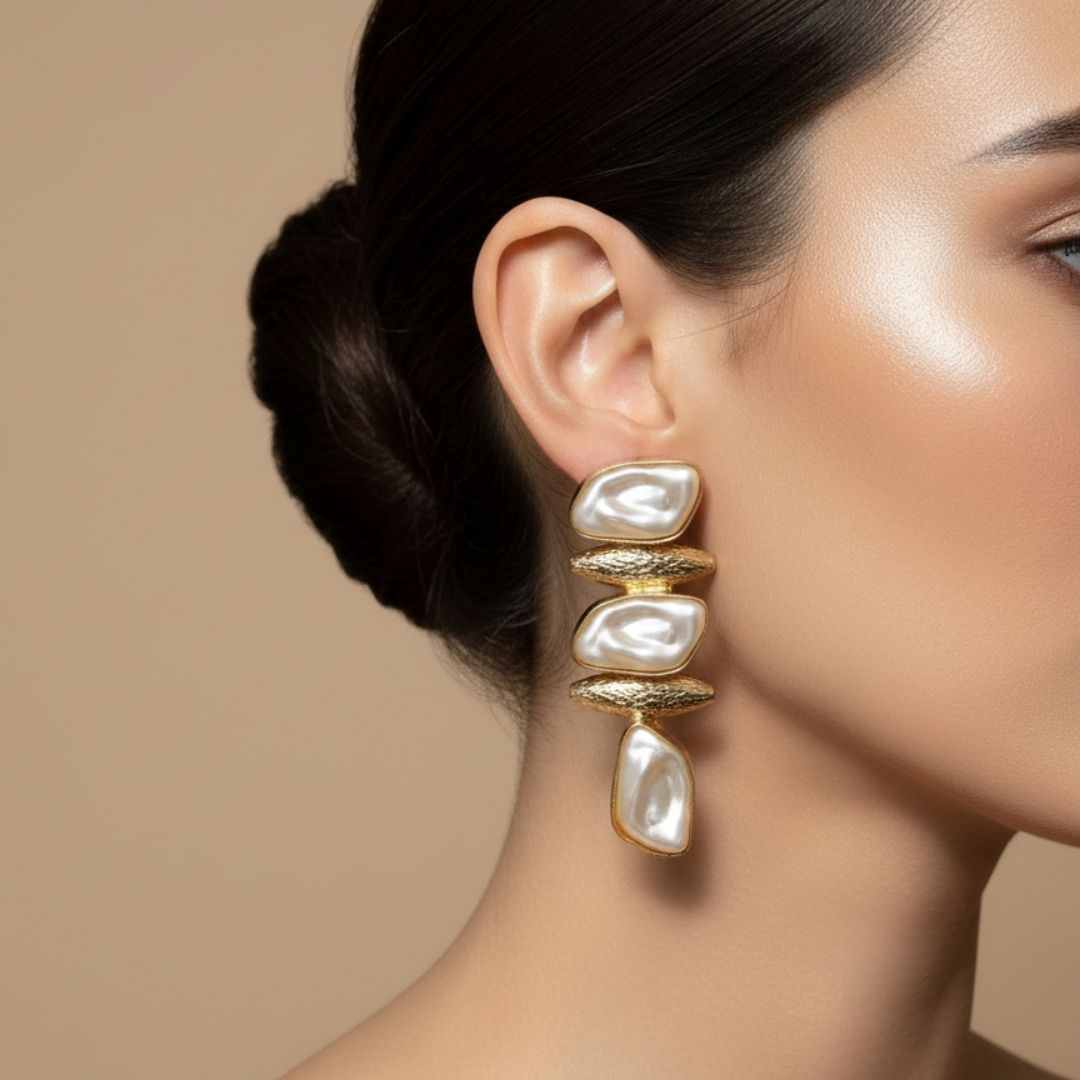 Textured Gold & Irregular MOP Stone Statement Brass Earrings