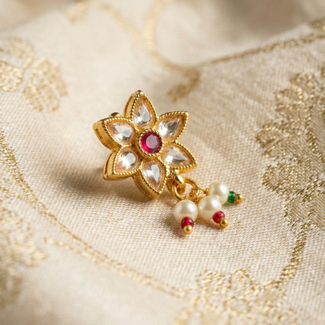Maharashtrian  Kundan Nath Nose Pin  with White Kundan Stones