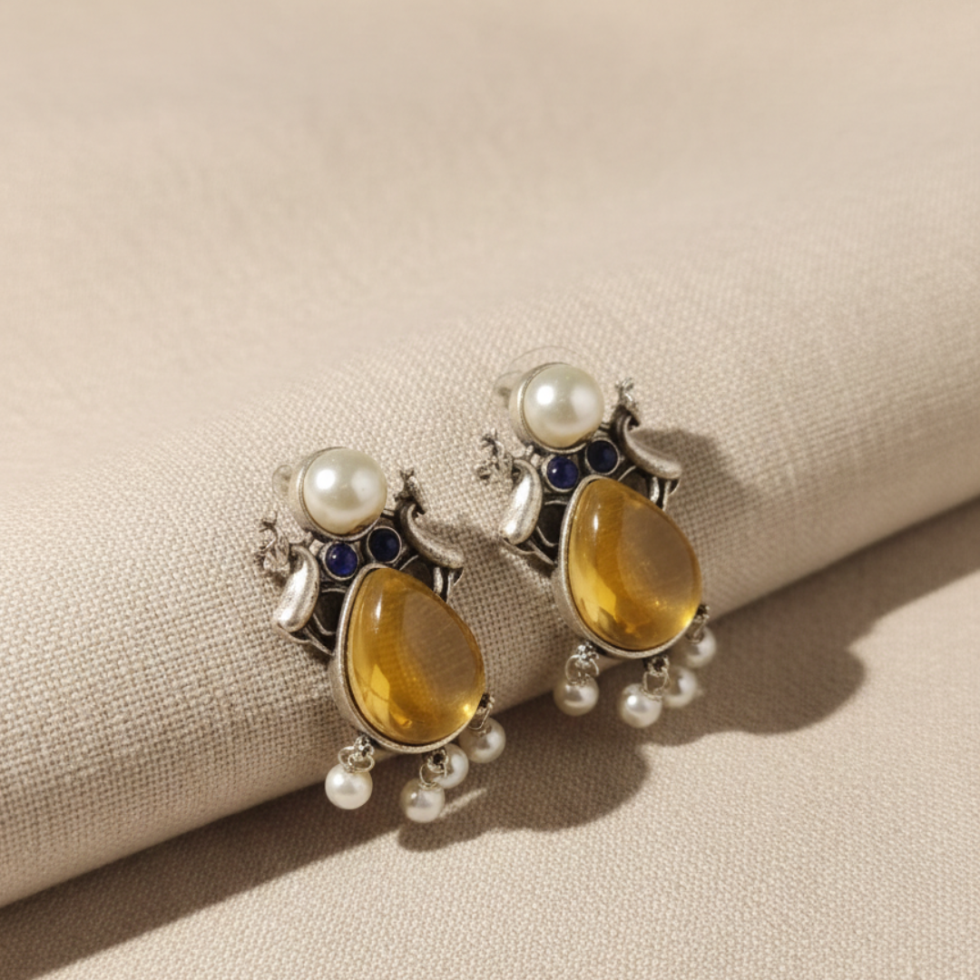 Vintage Brass Silver Pearl Earrings