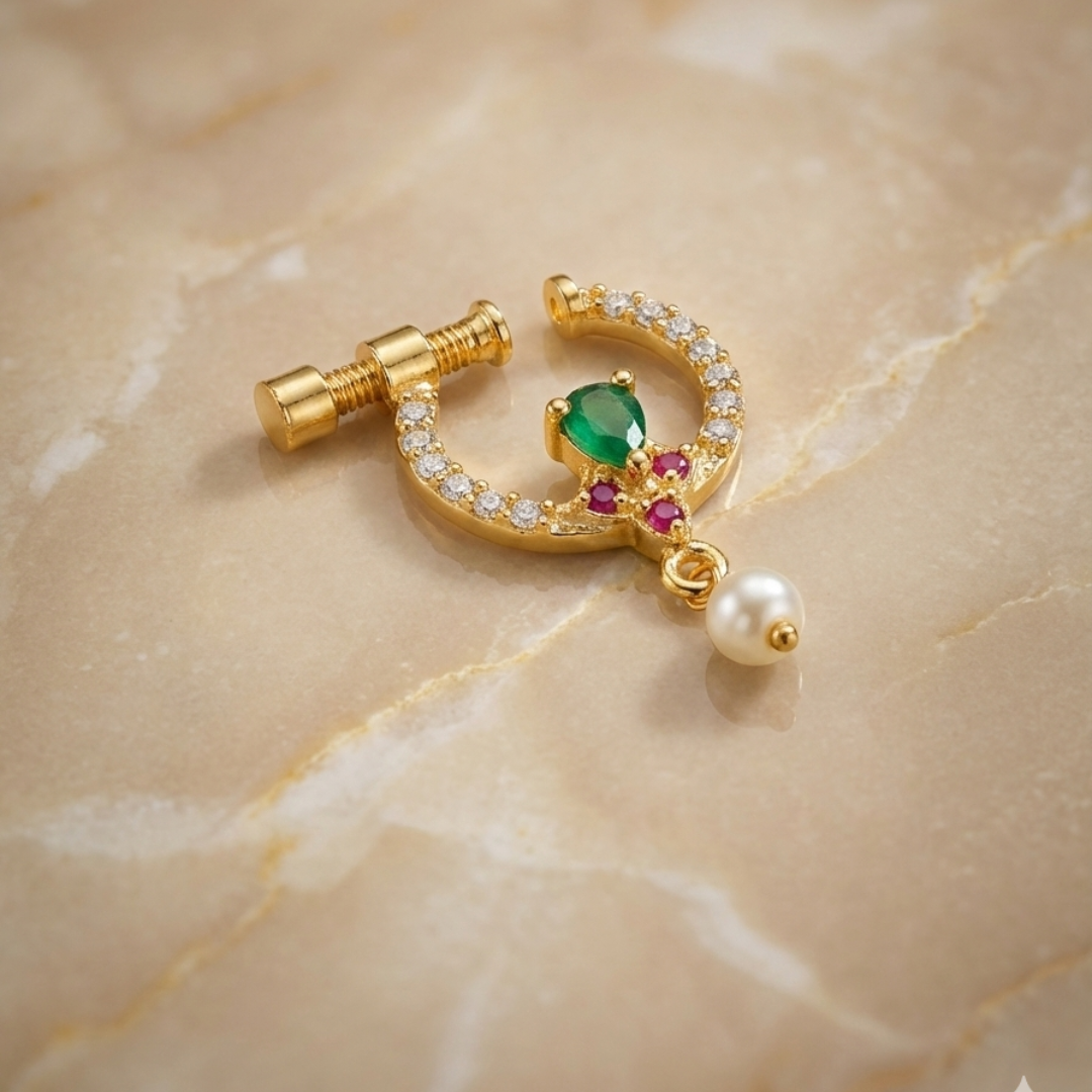 Gold  Green & Pink AD Stone Nose Pin