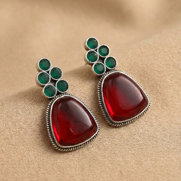 Brass Silver Red & Green Stone Drop Earrings