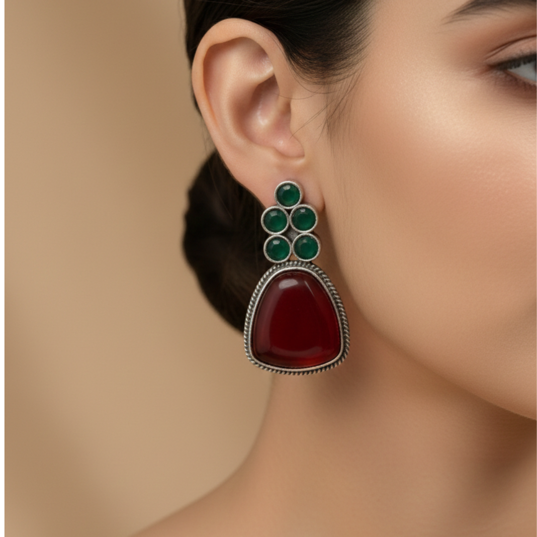 Brass Silver Red & Green Stone Drop Earrings
