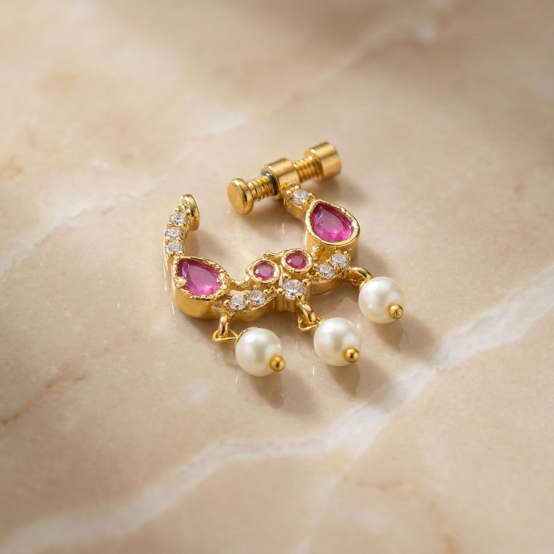 Gold  Curve Nose Pin with Pink Stones