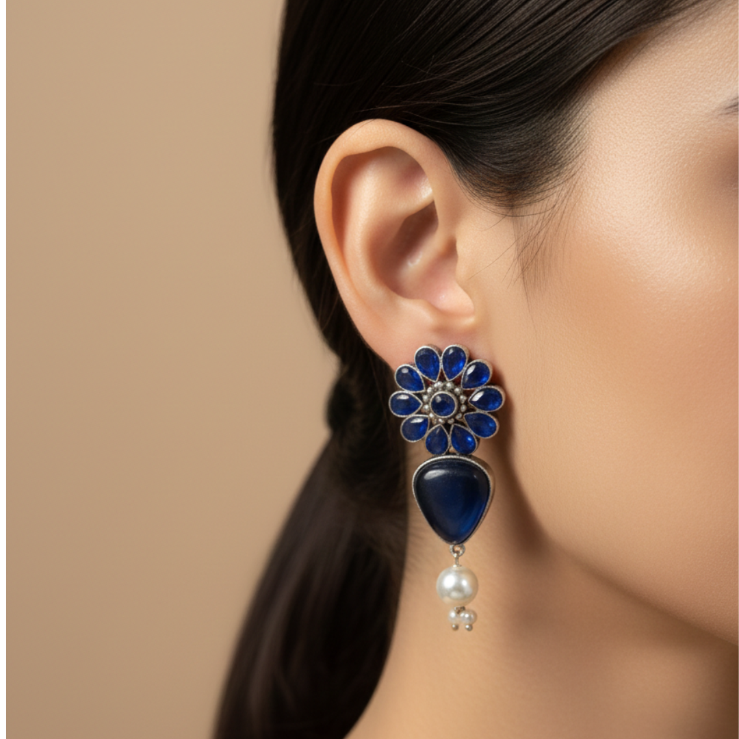 Brass Silver Floral Pearl Drop Earrings