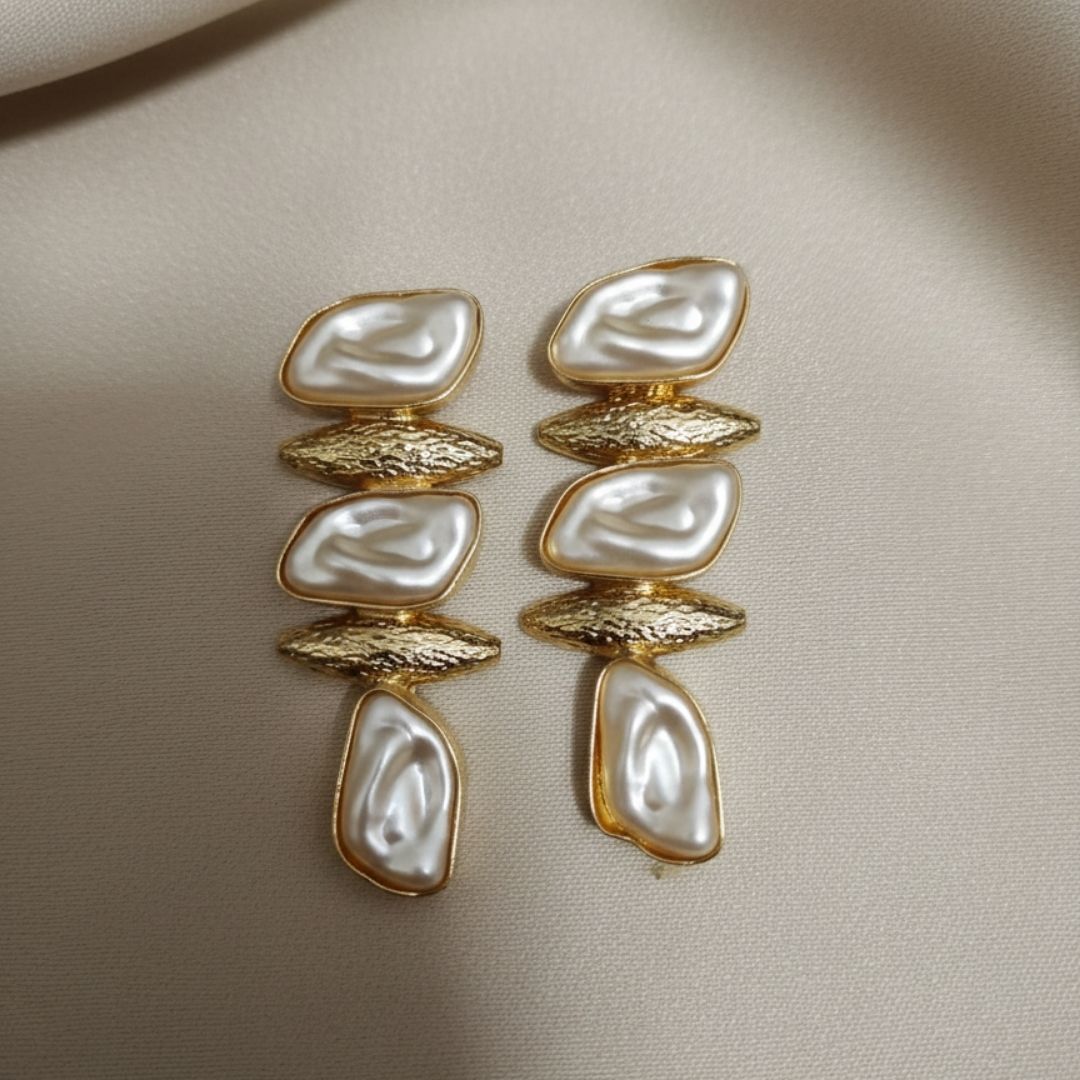 Textured Gold & Irregular MOP Stone Statement Brass Earrings