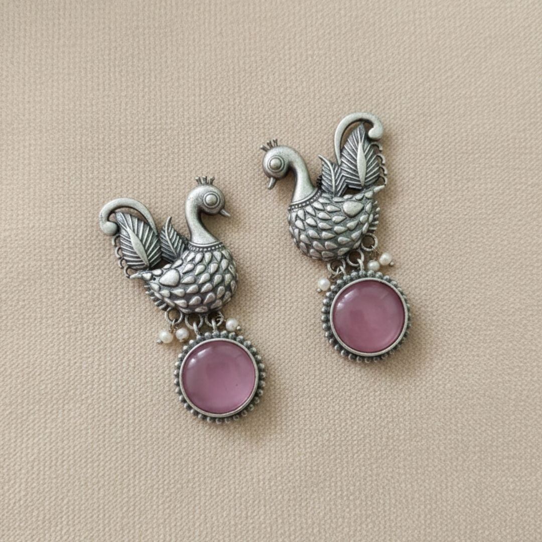 Oxidised Silver Peacock Earrings with Pink Stone Drop