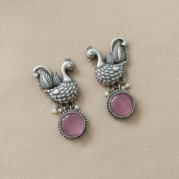 Oxidised Silver Peacock Earrings with Pink Stone Drop