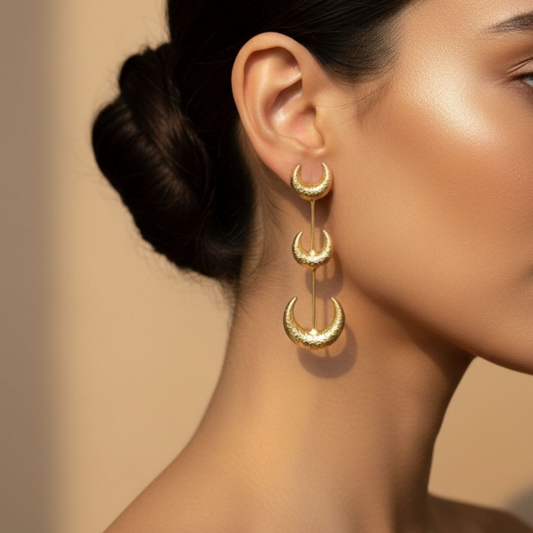 Triple Crescent Matte Gold Brass Textured Statement Jewellery
