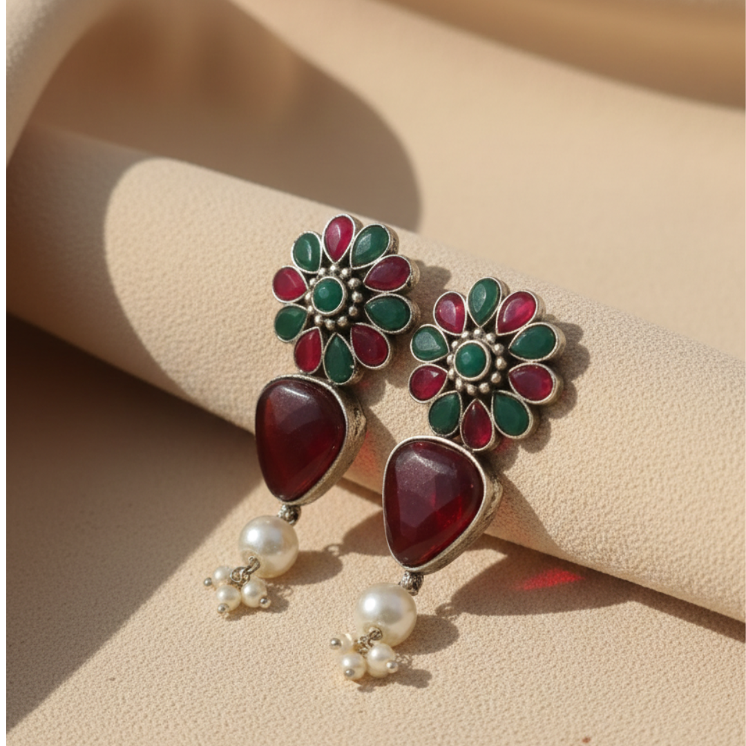 Brass Silver Floral Pearl Drop Earrings