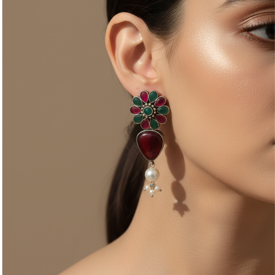 Brass Silver Floral Pearl Drop Earrings