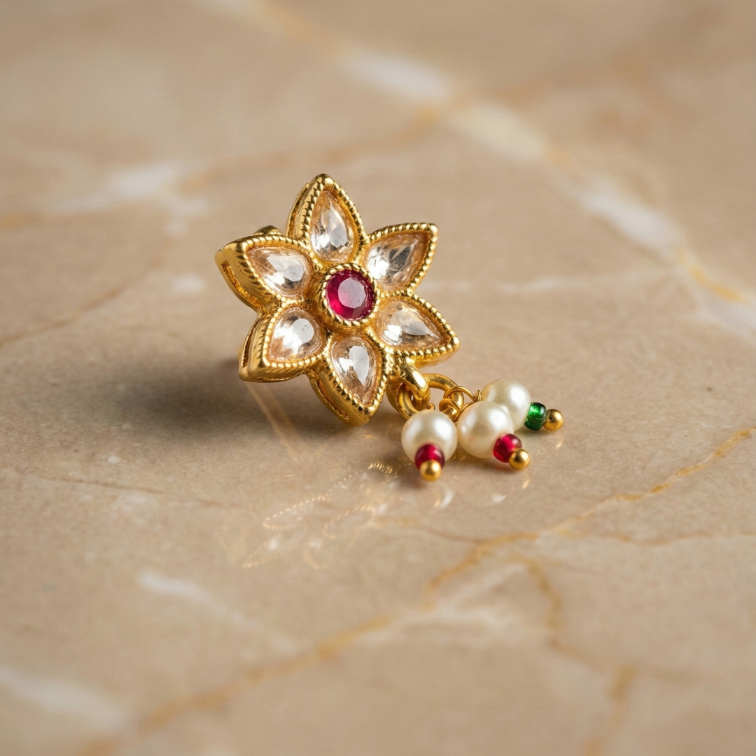 Maharashtrian  Kundan Nath Nose Pin  with White Kundan Stones