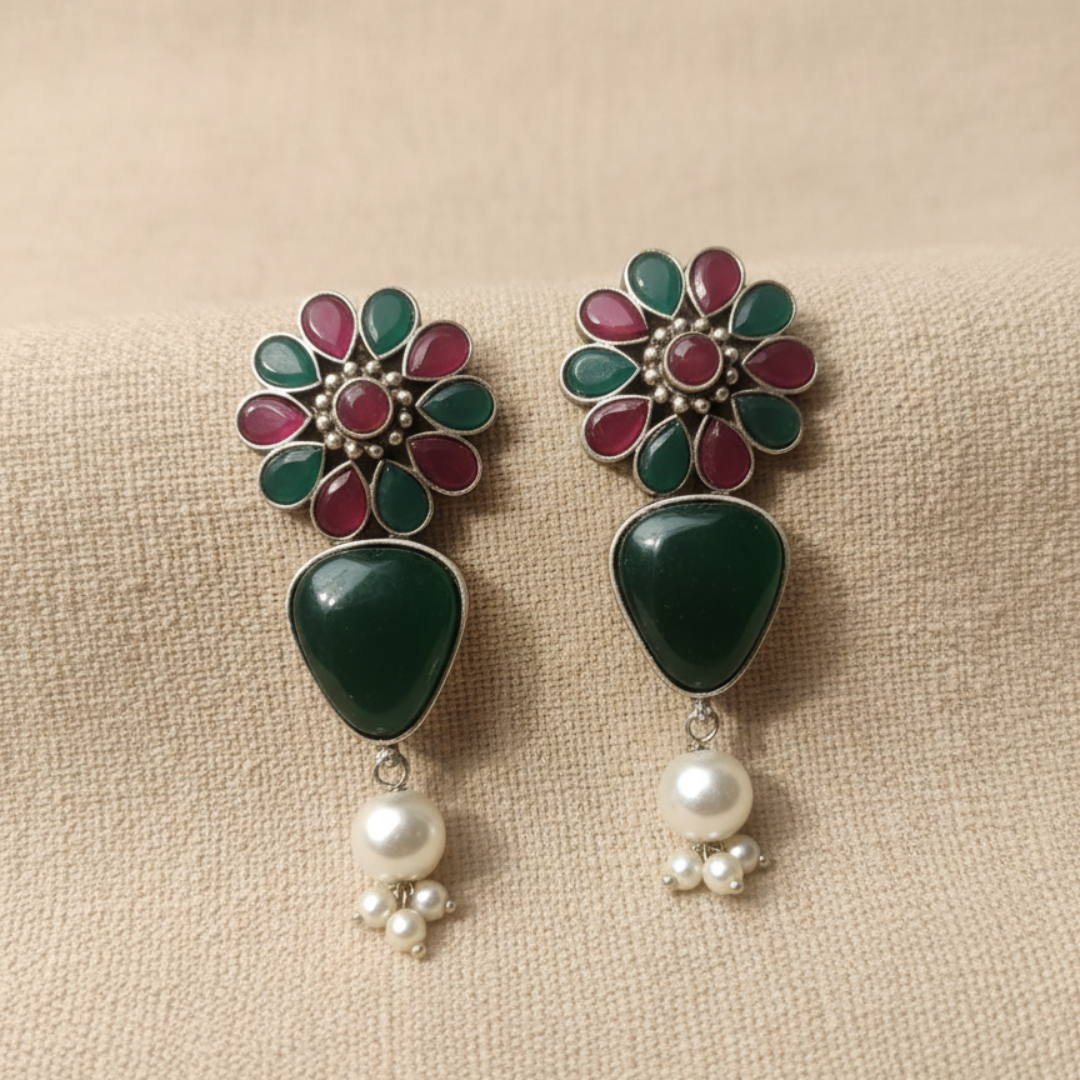 Brass Silver Floral Pearl Drop Earrings