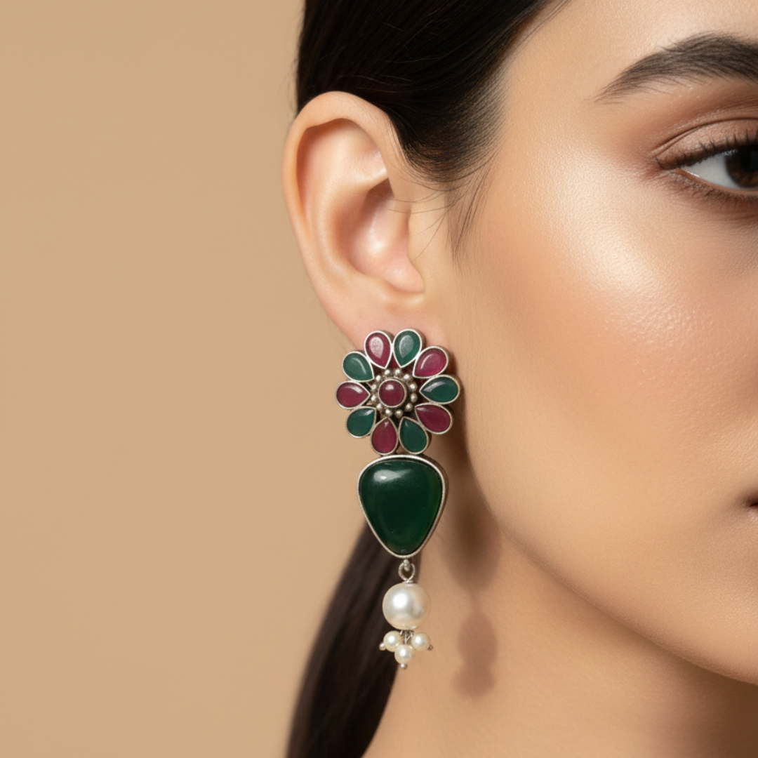 Brass Silver Floral Pearl Drop Earrings