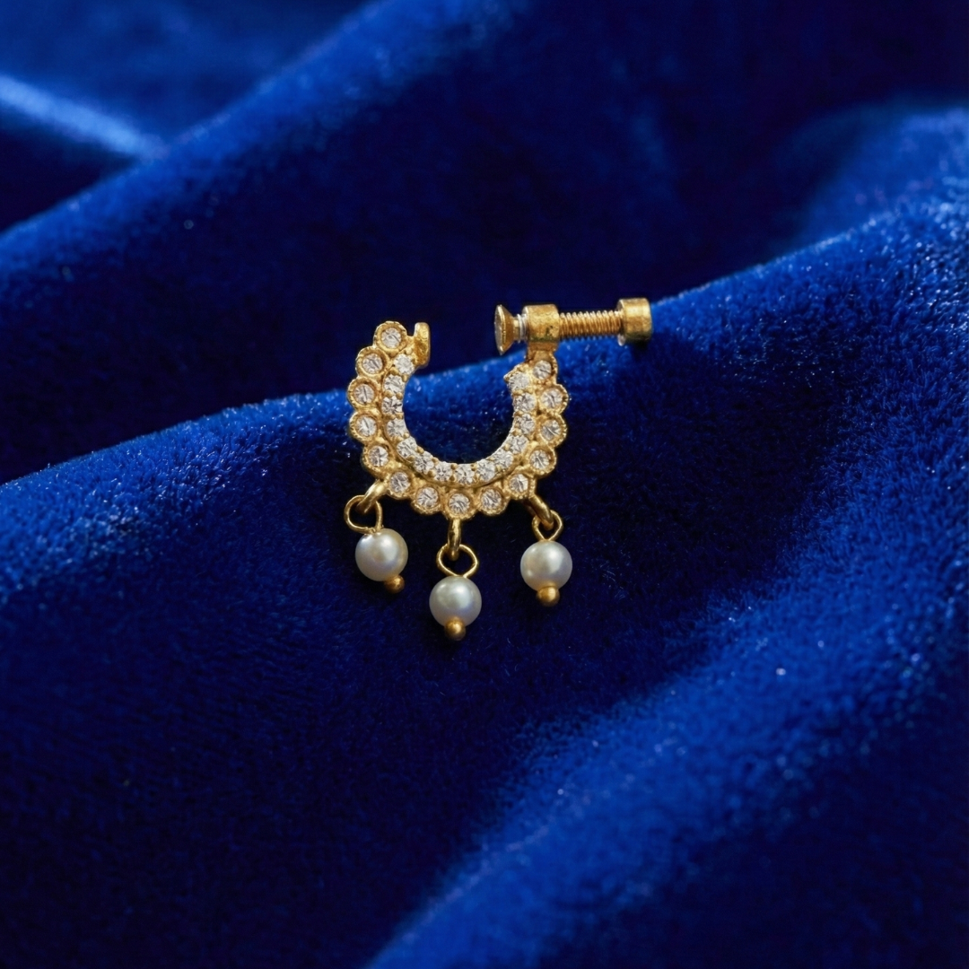 Gold  White Stone Half-Hoop Nose Pin