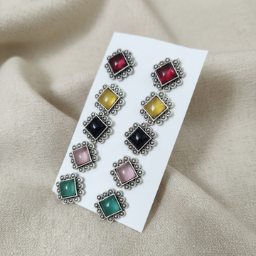 Brass Silver Square Stone Stud (5 pairs)