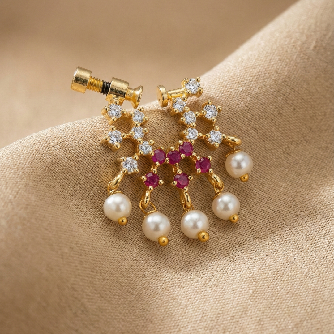Gold Pink Stone Nose Pin with White Crystals & Pearls