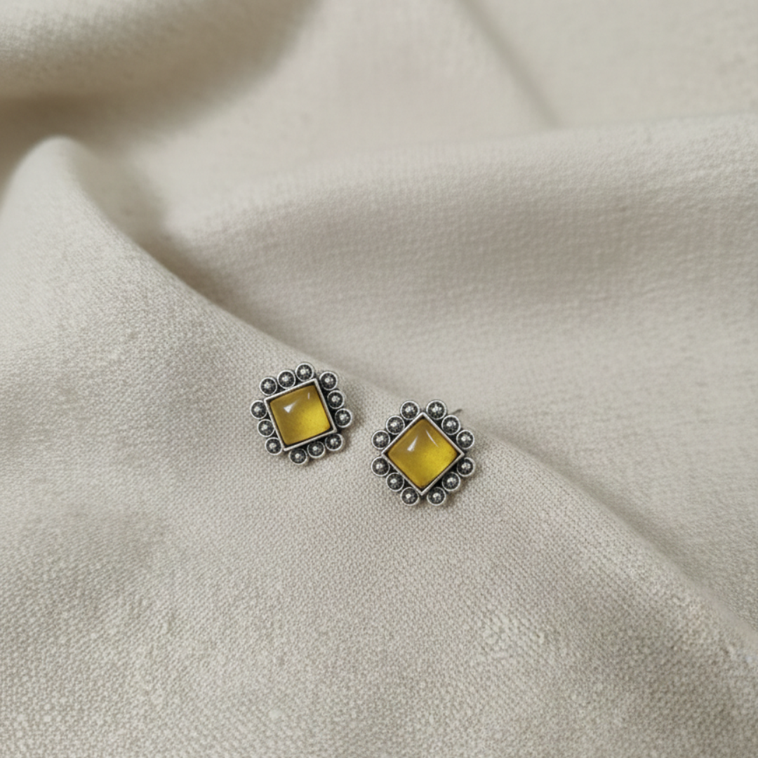 Brass Silver Square Stone Stud (5 pairs)