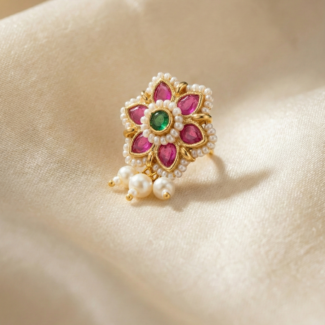 Maharashtrian Kundan Nath Nose Pin  wit Pink Petal Stones