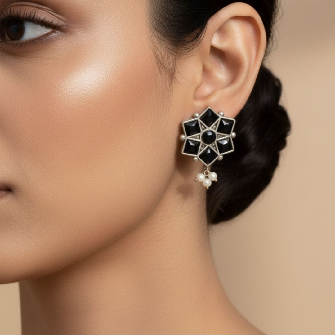 Brass Black Floral Stud Earrings