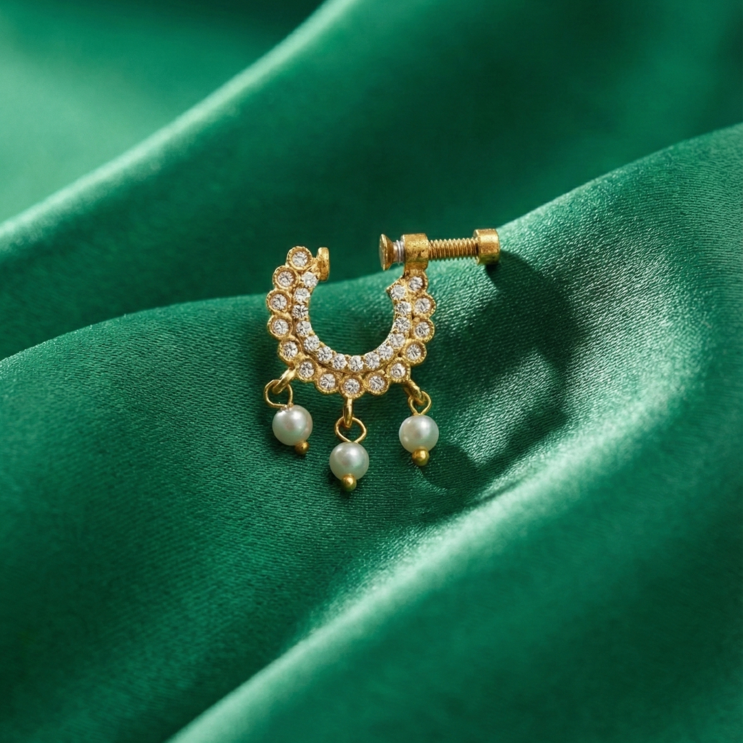 Gold  White Stone Half-Hoop Nose Pin