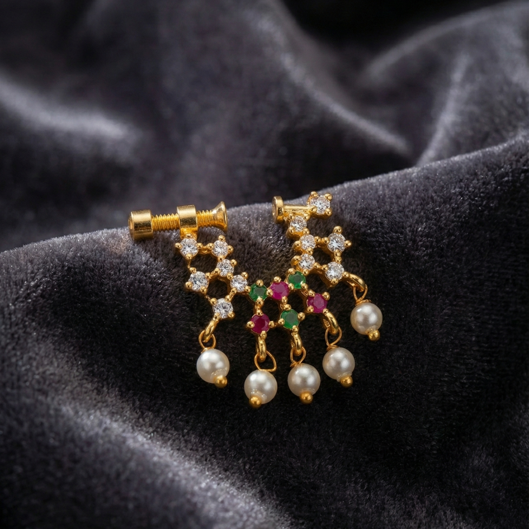 Gold Pink, Green & White Stone Geometric Nose Pin