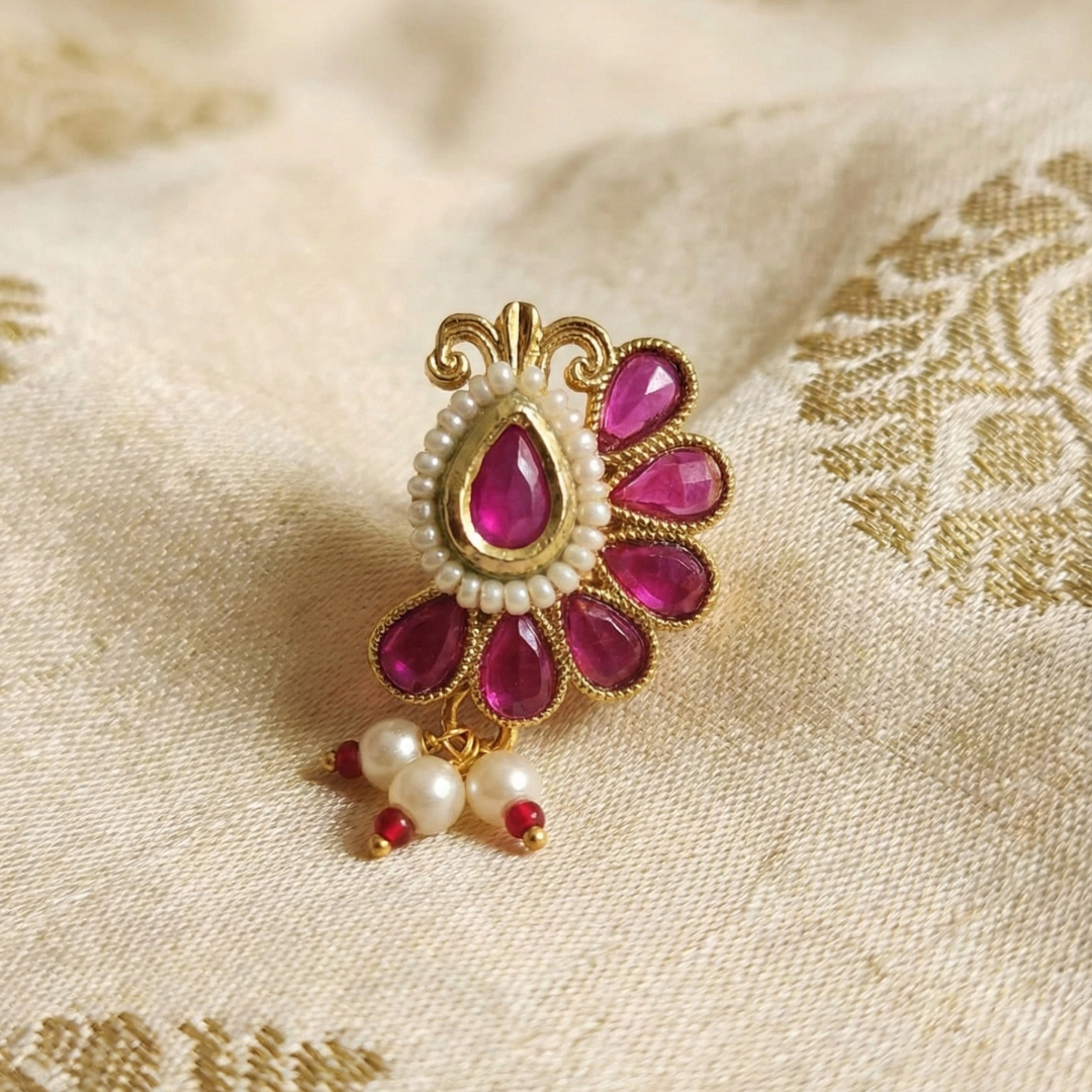 Maharashtrian Floral Kundan Nath  Nose Pin