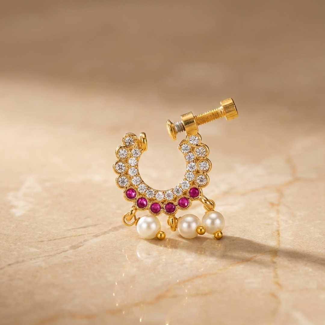 Gold White & Pink Stone Half-Hoop Nose Pin