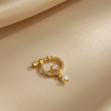 Gold AD Crystal Nose Pin with Pearl Drop