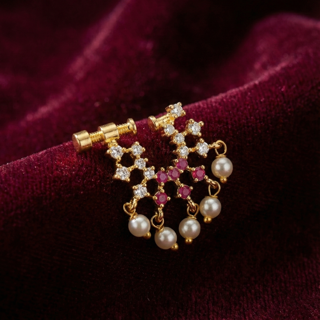 Gold Pink Stone Nose Pin with White Crystals & Pearls